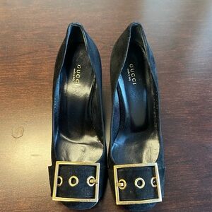 Gucci Black Heels with Gold Buckle Detail